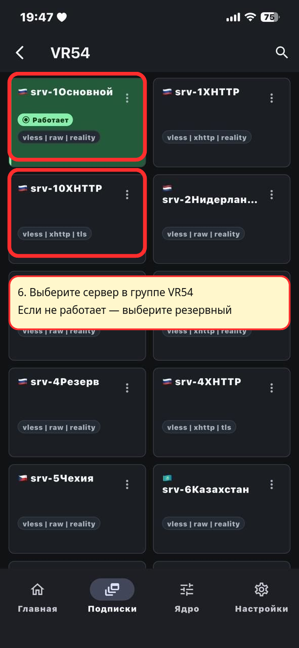 OneXray iPhone: выбор сервера