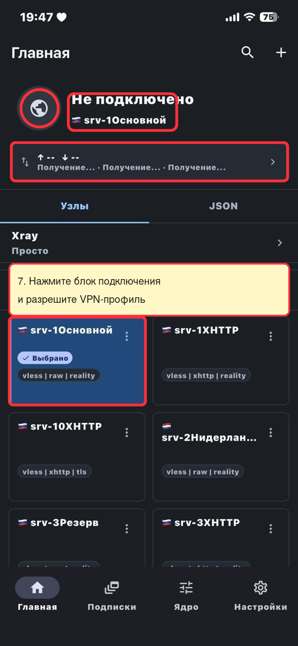 OneXray iPhone: кнопка подключения